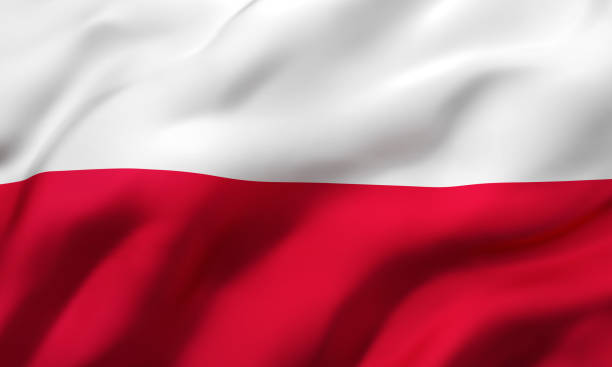 Flag of Poland blowing in the wind. Full page Polish flying flag. 3D illustration.